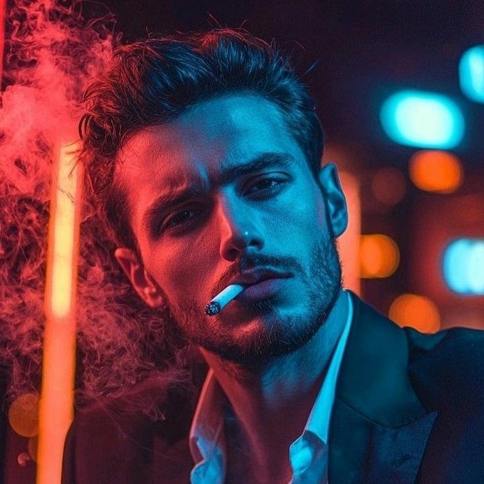 Neon light portrait man smoking cigarette red and blue