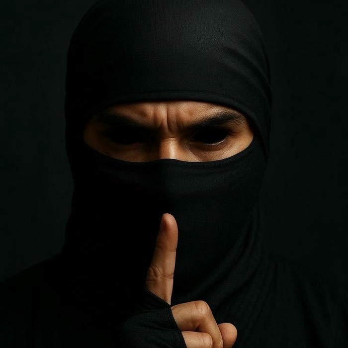 Ninja warrior covering face with finger on lips