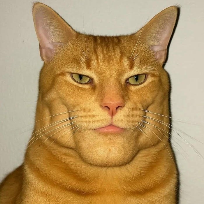 Orange cat with human face looking serious funny image