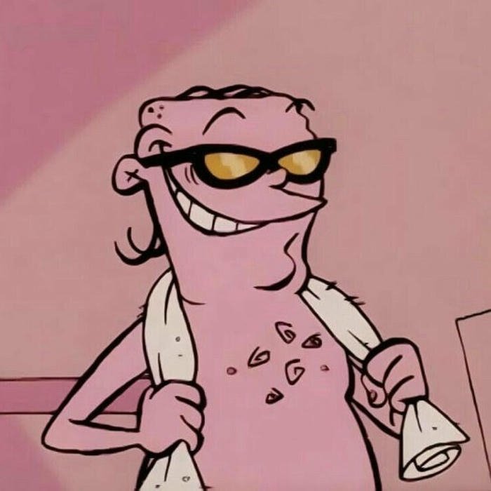 Pink cartoon character wearing sunglasses looking chill vibe meme