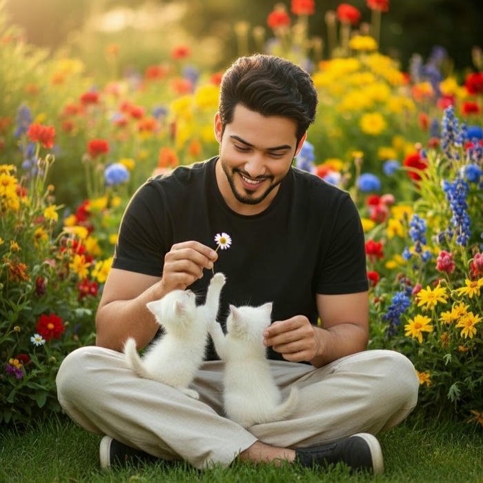 Punjabi boy dp man playing with white cat on grass