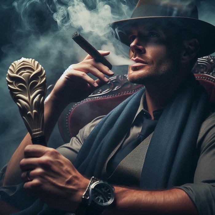 Rugged man in hat smoking pipe outdoors looking cool