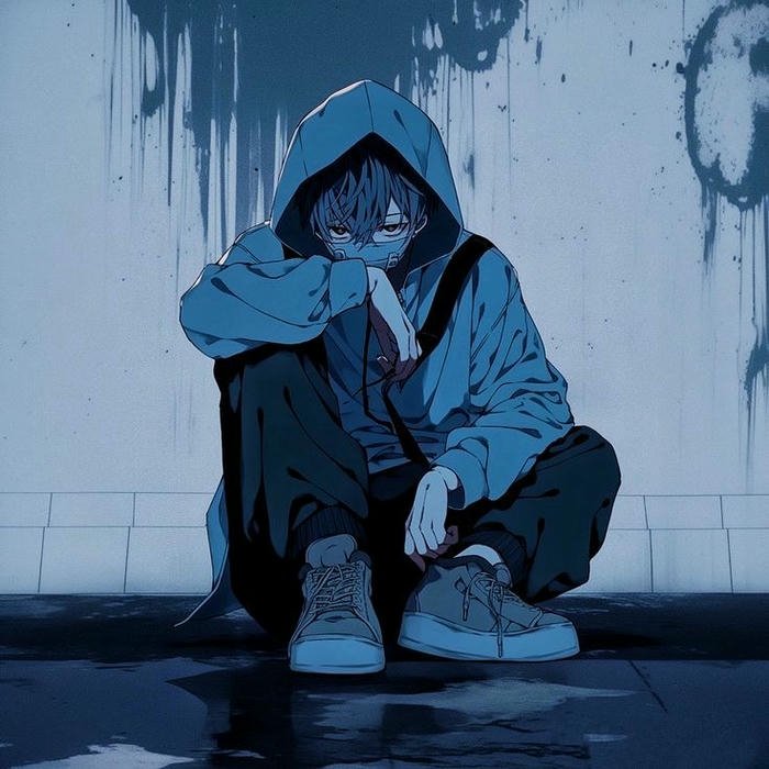 Sad boy dp hd anime boy crouching alone in blue