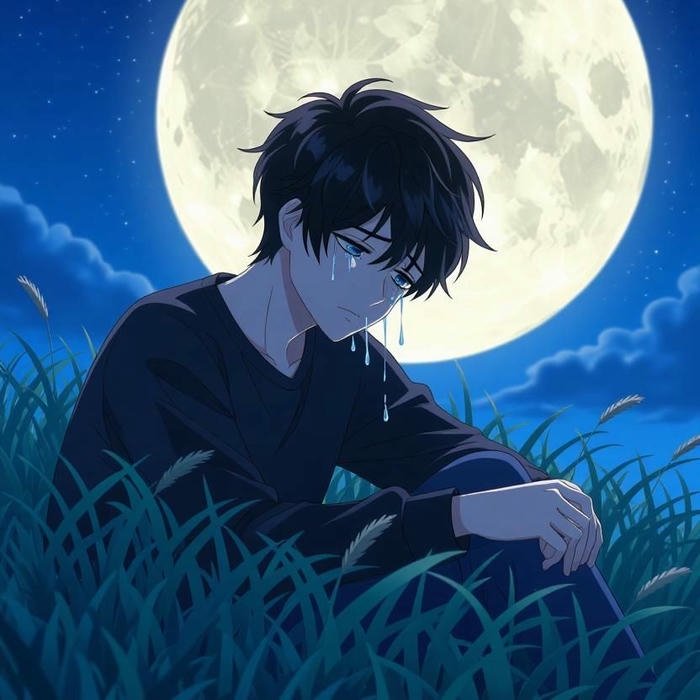 Sad boy dp hd anime boy sitting under blue moonlight