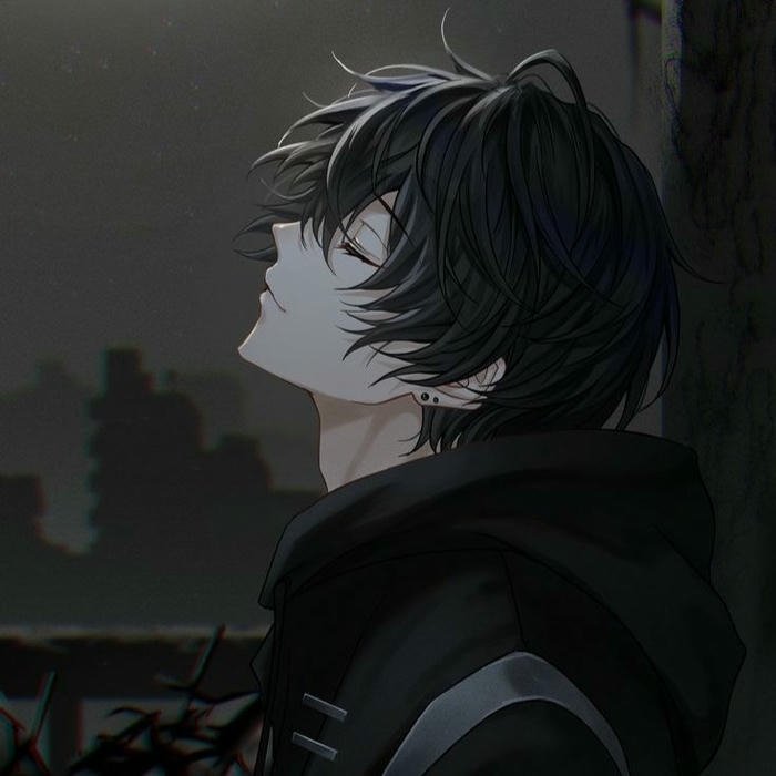 Side profile anime boy looking up feeling lonely rain