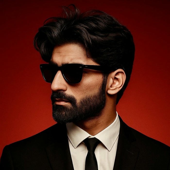 Side view cool man beard sunglasses red background