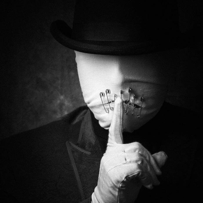 Silent boy dp faceless surreal man in suit shushing