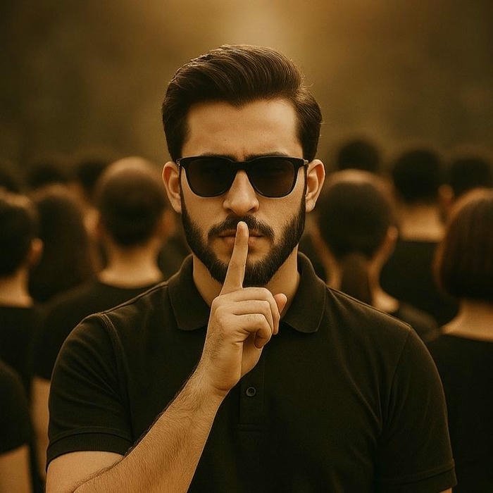 Silent boy dp man in sunglasses shushing the crowd