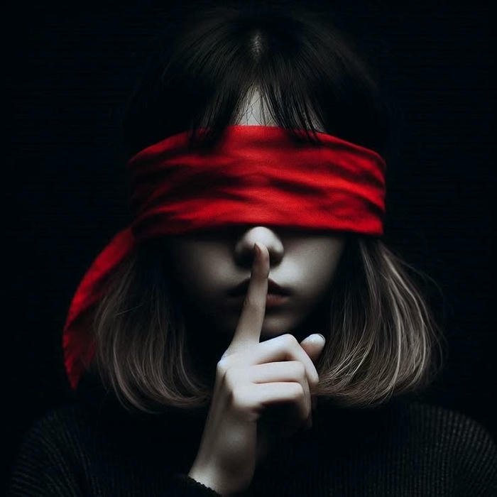 Silent boy dp person red blindfold finger on lips