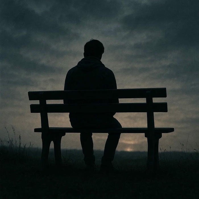 Silhouette of lonely man sitting on bench dark night