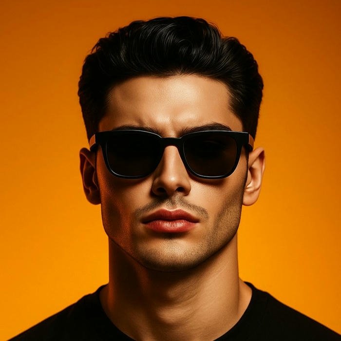 Smart boy dp handsome face sunglasses orange background studio