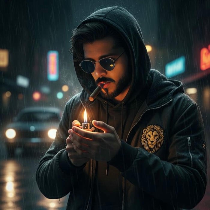 Smart boy dp man lighting cigarette in dark street