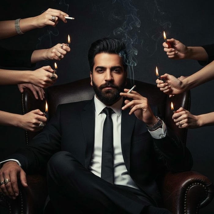 Smoker boy dp man in suit offered many cigarettes hands