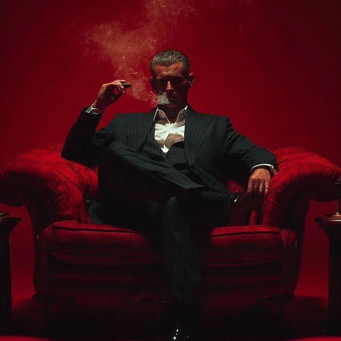 Smoker boy dp man sitting on red throne smoking cigar