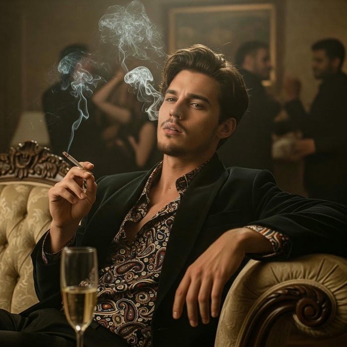 Smoker boy dp wealthy man sitting on sofa smoking cigar