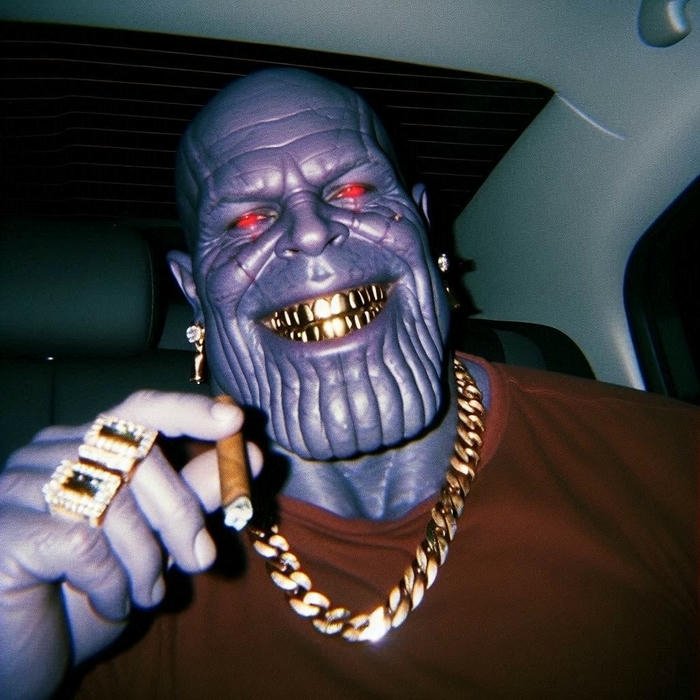 Thanos purple villain wearing gold chain jewelry swag style