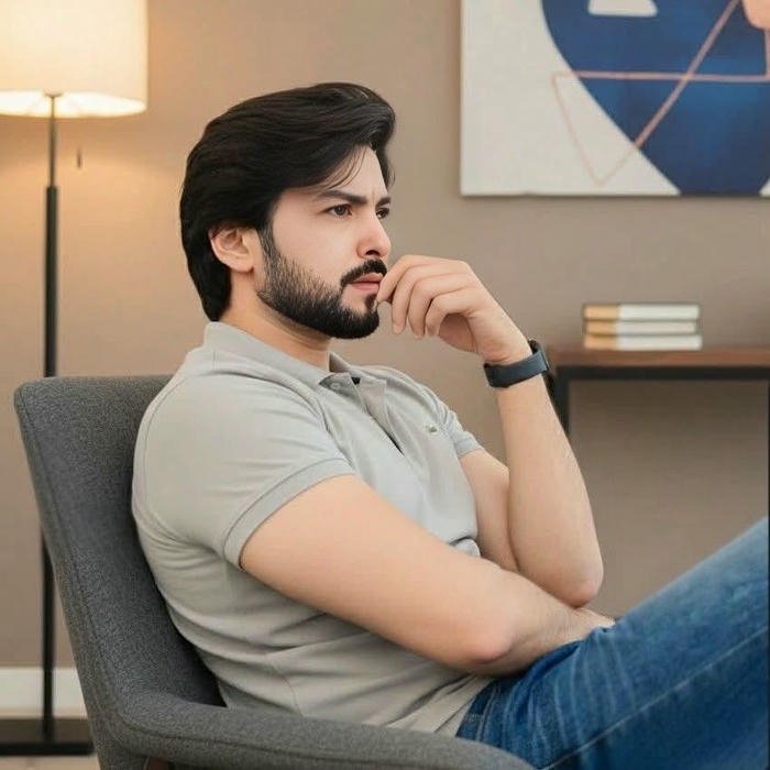 Thoughtful man sitting on chair looking away indoors