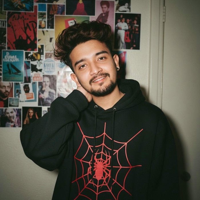 Trendy guy wearing black spider web hoodie indoors