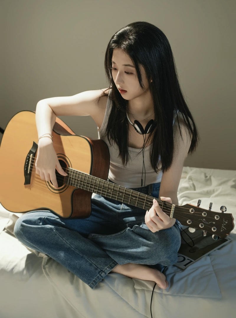Aesthetic room girl with guitar dp warm cozy lighting