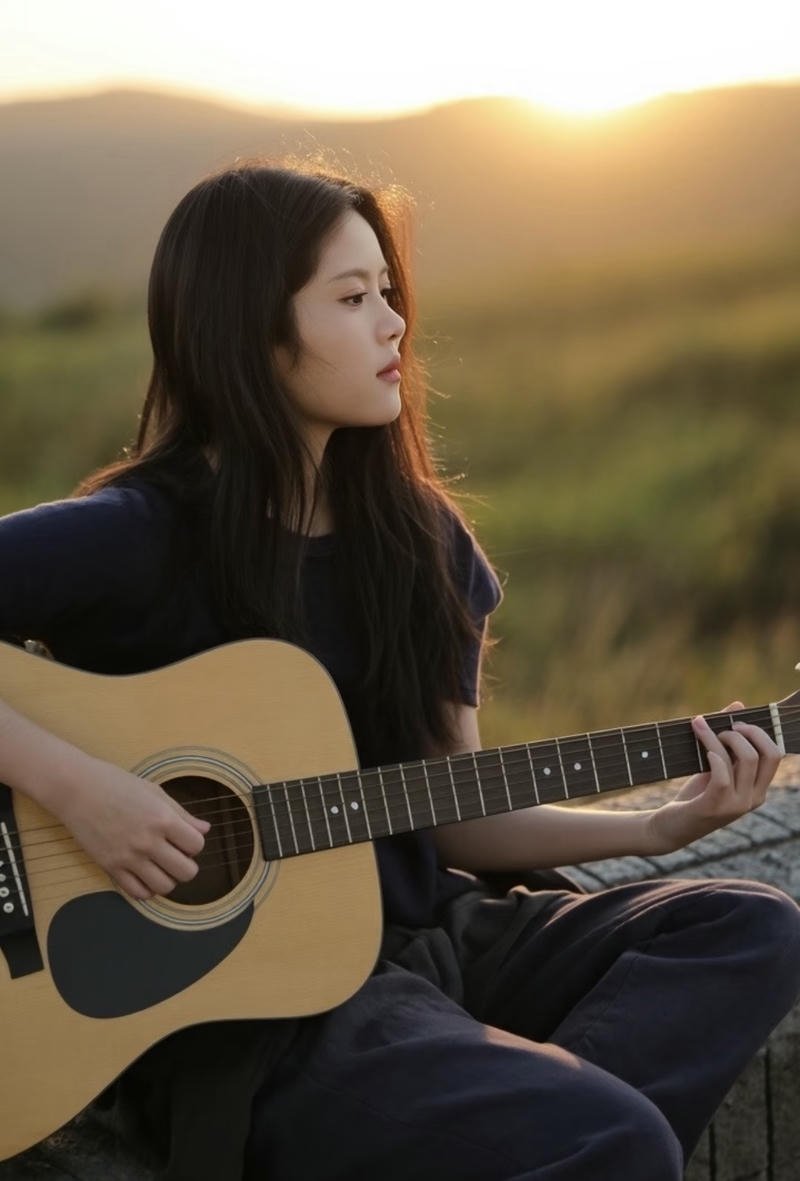 Dreamy sunset girl with guitar dp warm glowing scene