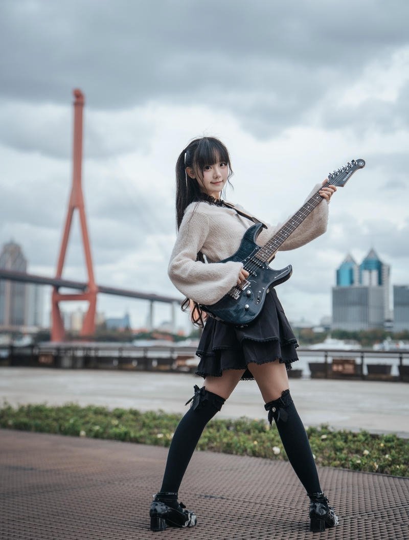 Street night girl with guitar dp neon light aesthetic