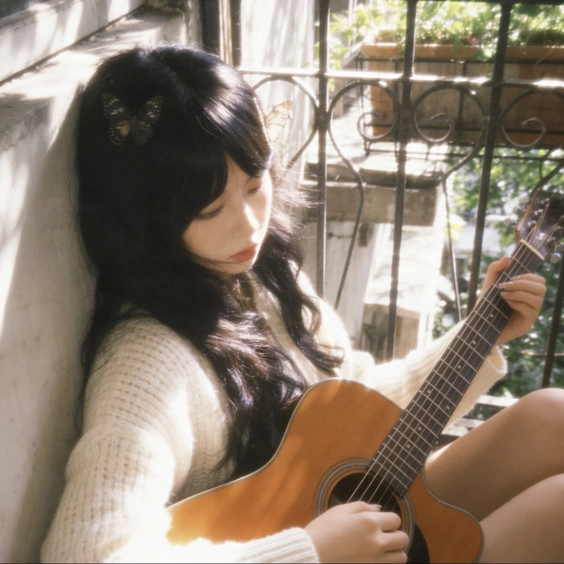 Stylish girl with guitar dp with a relaxed appearance