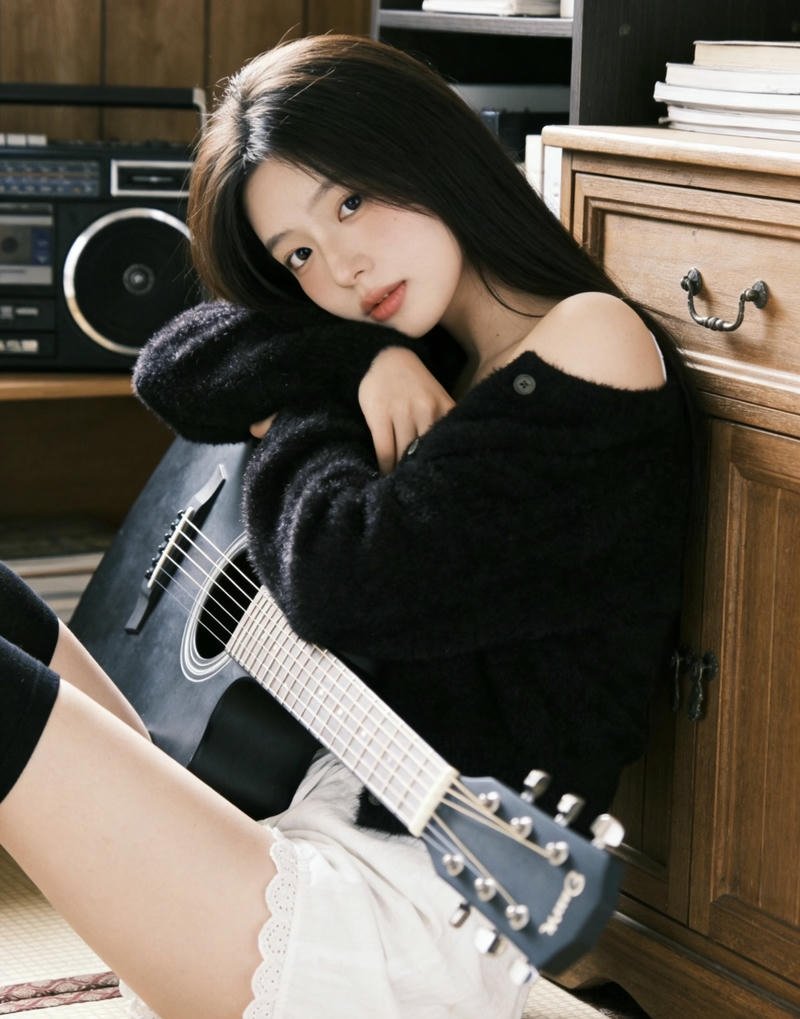 Vintage room girl with guitar dp old school vibe