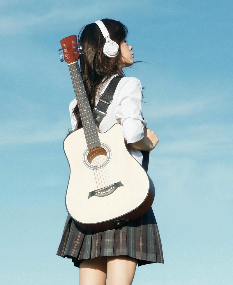 Vintage tone girl with guitar dp nostalgic calm mood