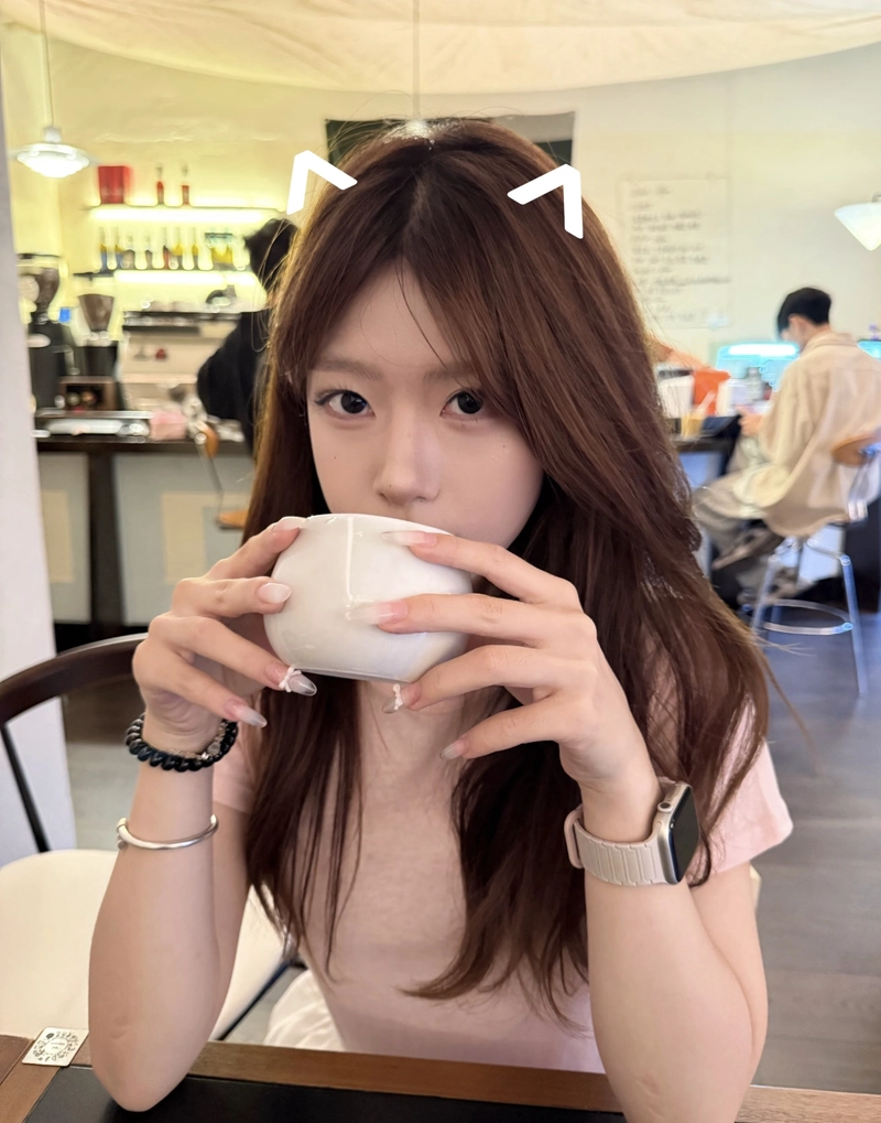 Minimal cafe background with cozy fashion cute girl with coffee cup dp